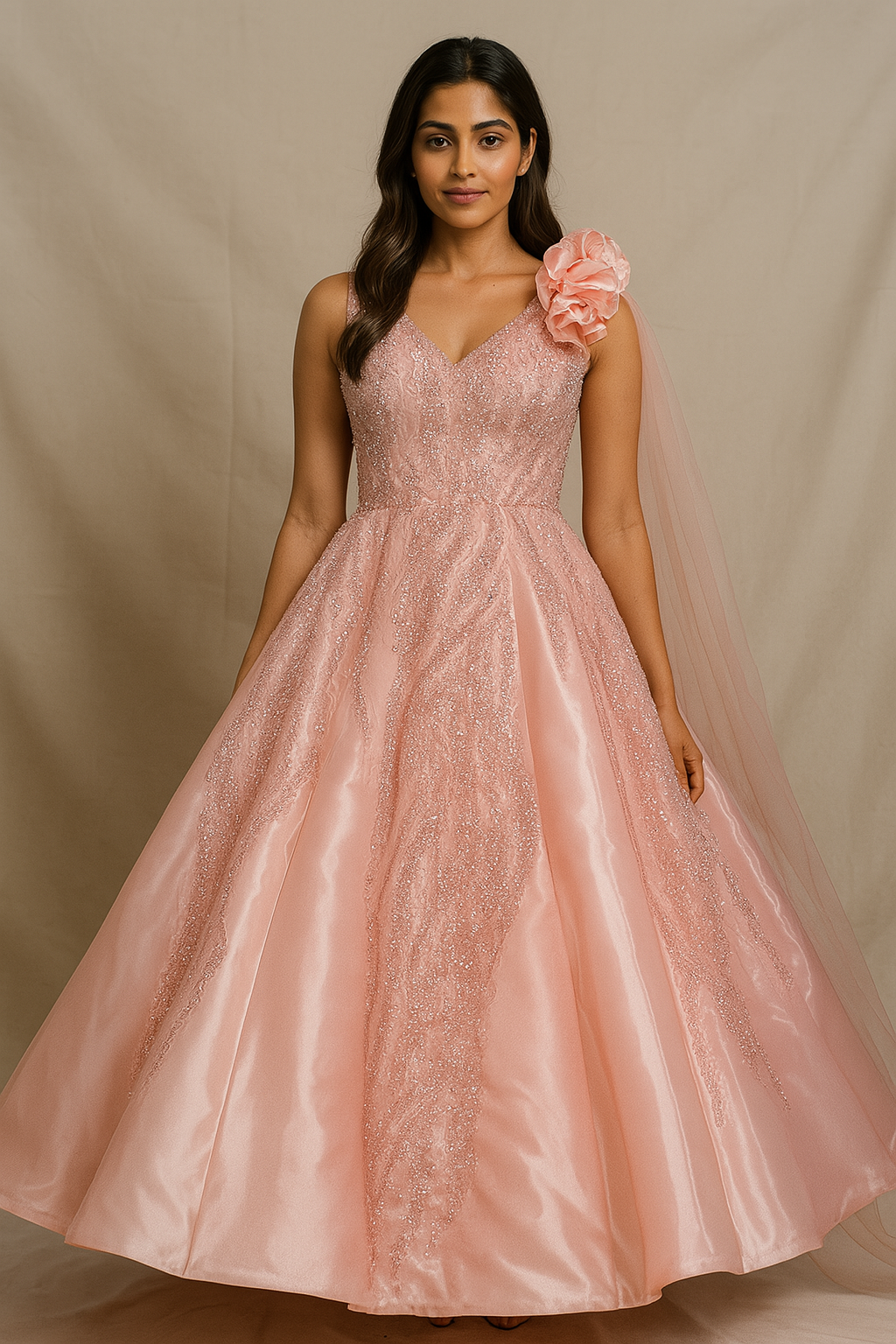 Rose Gold One Shoulder Gown with Floral Detail and Shimmer
